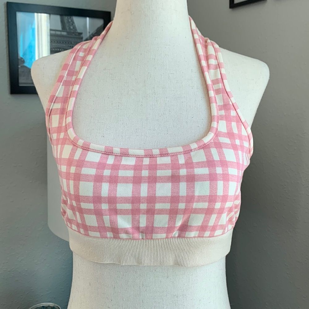 Le Lis crop halter top tie neck pink plaid size small
